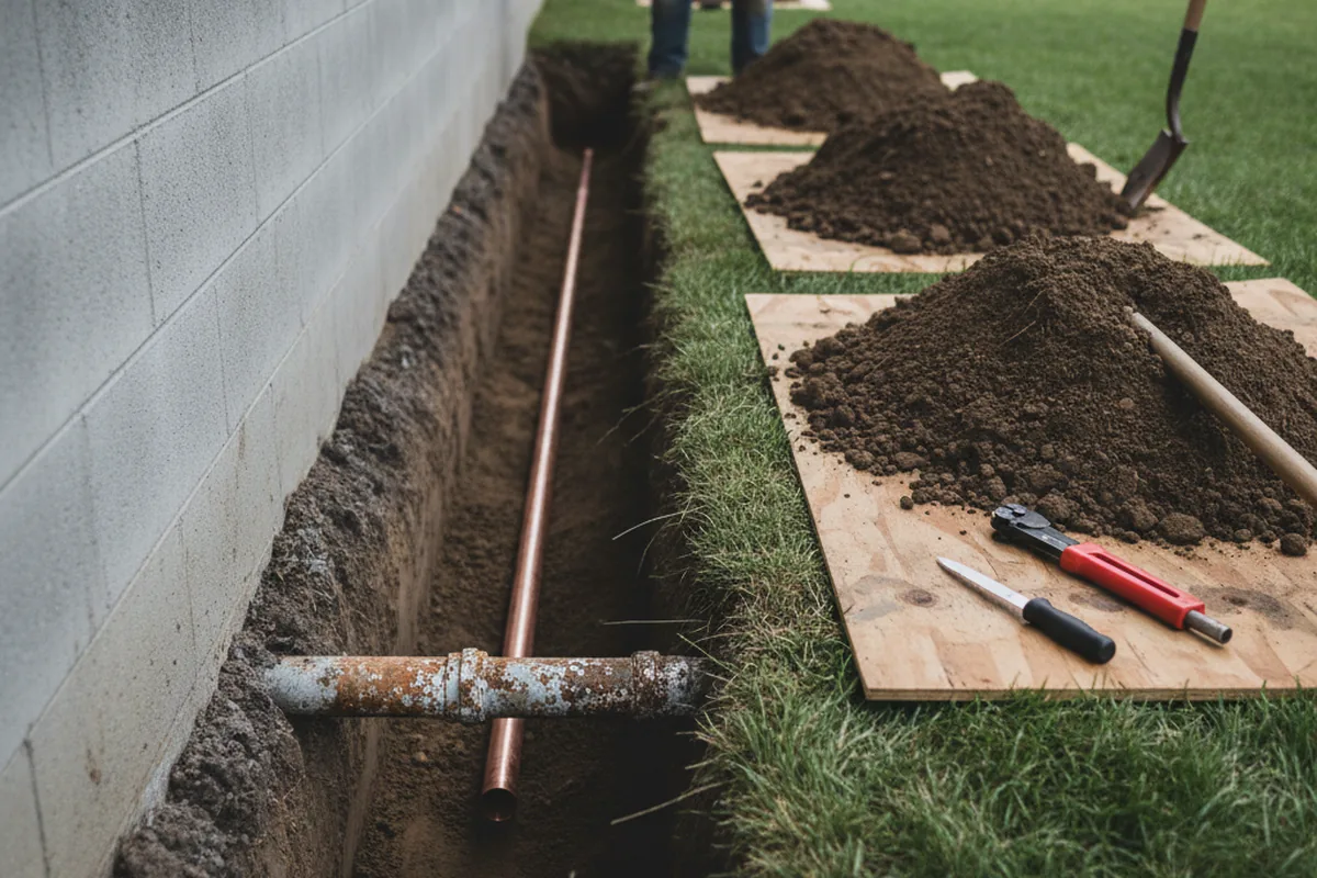 Excavated water line trench during Sewer Line Repair in Cokeburg